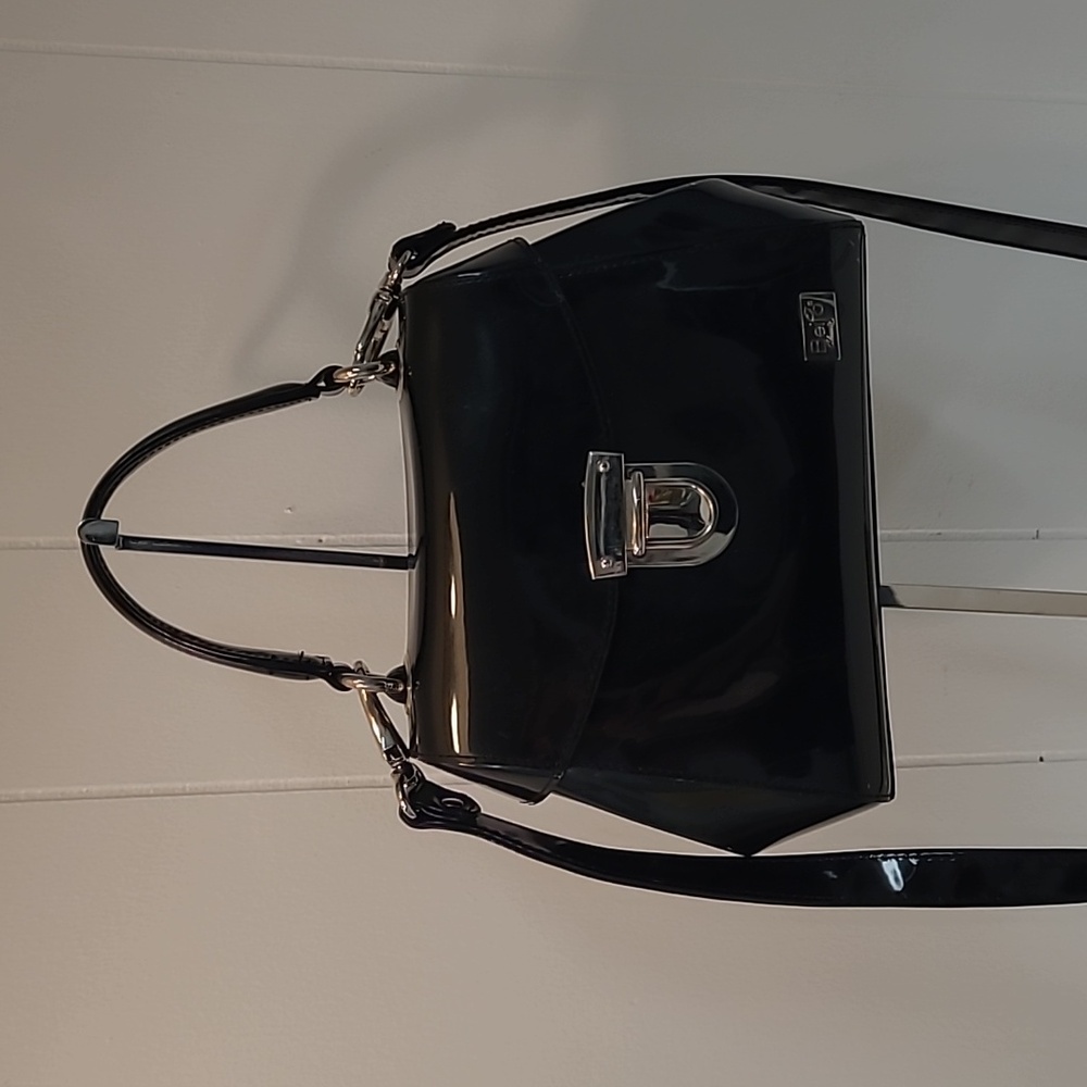 Beijo Black Patent Mini Crossbody Convertible Bag with Silver Tone Hardware
